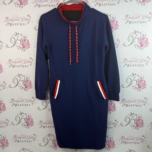 Janes dress sweater style Elegant Long Sleeve Navy Dress with Red Details